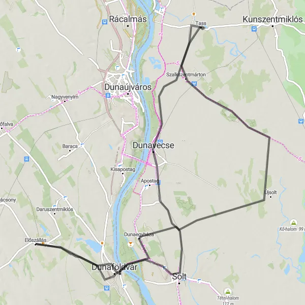 Map miniature of "Scenic Road Tour to Előszállás" cycling inspiration in Közép-Dunántúl, Hungary. Generated by Tarmacs.app cycling route planner