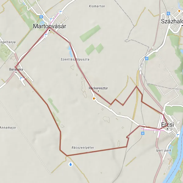 Map miniature of "Ercsi- Baracska- Ráckeresztúr Gravel Route" cycling inspiration in Közép-Dunántúl, Hungary. Generated by Tarmacs.app cycling route planner