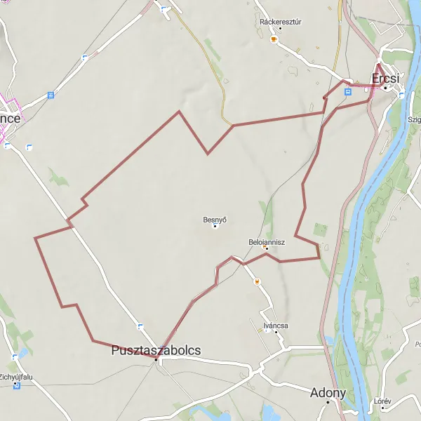 Map miniature of "Ercsi- Volt laktanya- Beloiannisz- Pusztaszabolcs- Dercsenő- Ercsi Gravel Route" cycling inspiration in Közép-Dunántúl, Hungary. Generated by Tarmacs.app cycling route planner