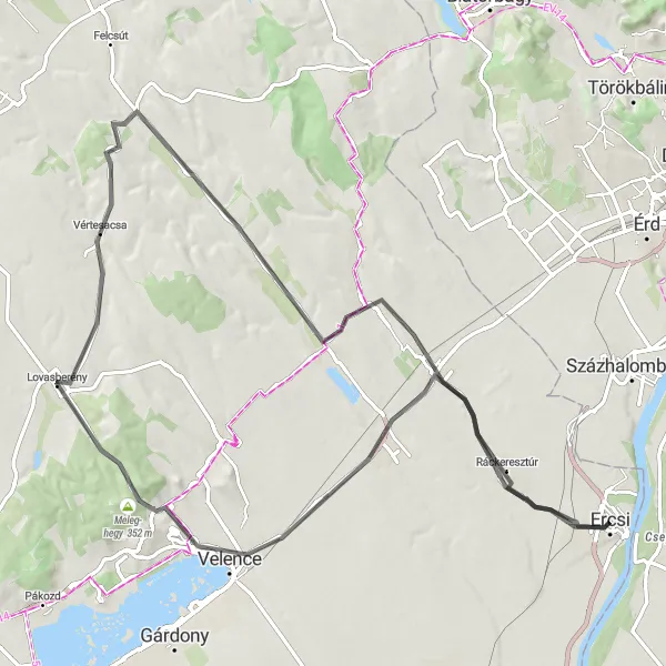 Map miniature of "Ercsi- Martonvásár- Kápolnásnyék- Templom-hegy- Vértesacsa- Kis-hegy- Vál- Ráckeresztúr Road Route" cycling inspiration in Közép-Dunántúl, Hungary. Generated by Tarmacs.app cycling route planner