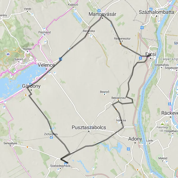 Map miniature of "Ercsi to Ráckeresztúr Road Cycling Route" cycling inspiration in Közép-Dunántúl, Hungary. Generated by Tarmacs.app cycling route planner