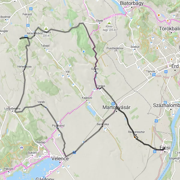 Map miniature of "Martonvásár to Ráckeresztúr Road Cycling Route" cycling inspiration in Közép-Dunántúl, Hungary. Generated by Tarmacs.app cycling route planner