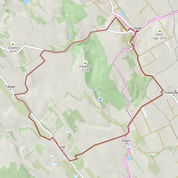 Map miniature of "Etyek Vineyards and Surrounding villages" cycling inspiration in Közép-Dunántúl, Hungary. Generated by Tarmacs.app cycling route planner