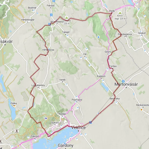 Map miniature of "Etyek Gravel Adventure" cycling inspiration in Közép-Dunántúl, Hungary. Generated by Tarmacs.app cycling route planner