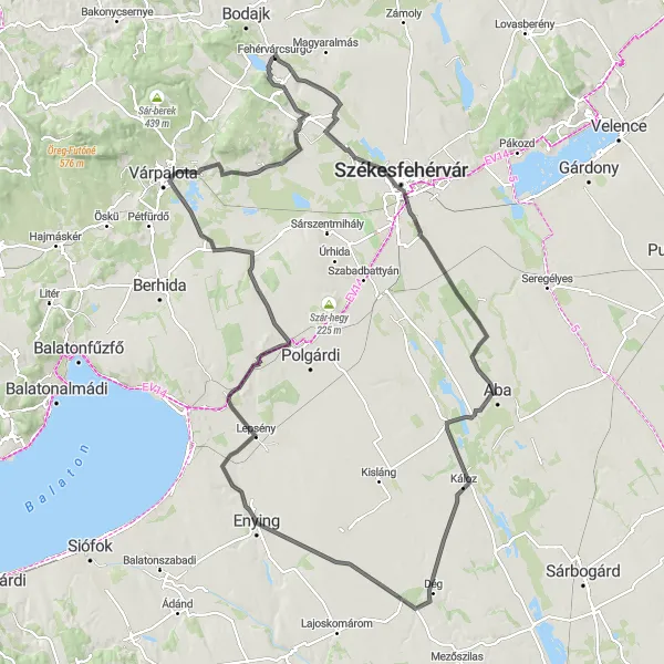 Map miniature of "Fehérvárcsurgó and its Surroundings" cycling inspiration in Közép-Dunántúl, Hungary. Generated by Tarmacs.app cycling route planner