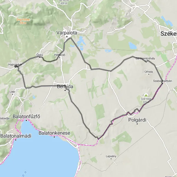 Map miniature of "Hajmáskér Countryside Ride" cycling inspiration in Közép-Dunántúl, Hungary. Generated by Tarmacs.app cycling route planner