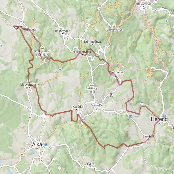 Map miniature of "Herend Gravel Loop" cycling inspiration in Közép-Dunántúl, Hungary. Generated by Tarmacs.app cycling route planner