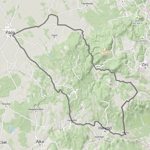 Map miniature of "Bakonyjákó Loop" cycling inspiration in Közép-Dunántúl, Hungary. Generated by Tarmacs.app cycling route planner