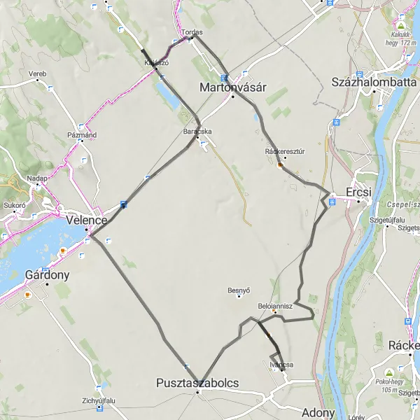 Map miniature of "Iváncsa to Pusztaszabolcs Road Route" cycling inspiration in Közép-Dunántúl, Hungary. Generated by Tarmacs.app cycling route planner