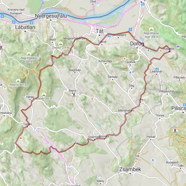 Map miniature of "Mysterious Trails of Dorog" cycling inspiration in Közép-Dunántúl, Hungary. Generated by Tarmacs.app cycling route planner