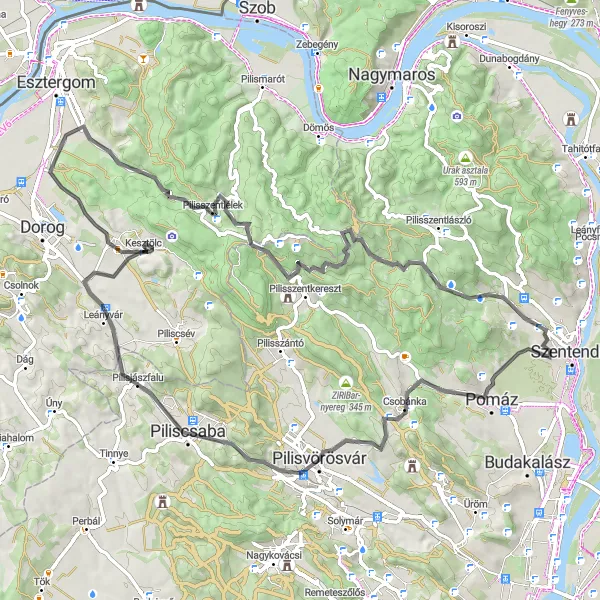 Map miniature of "Discovering Pilis on Road" cycling inspiration in Közép-Dunántúl, Hungary. Generated by Tarmacs.app cycling route planner