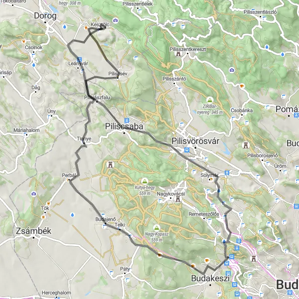 Map miniature of "Discover the Countryside Roads of Piliscsév" cycling inspiration in Közép-Dunántúl, Hungary. Generated by Tarmacs.app cycling route planner