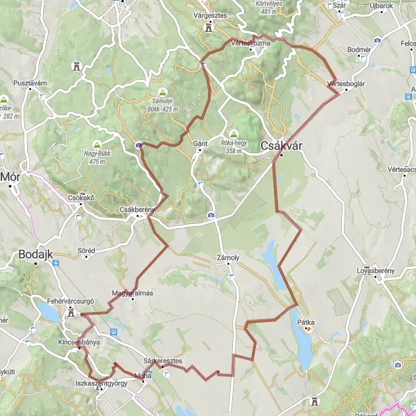 Map miniature of "Csákvár Circuit" cycling inspiration in Közép-Dunántúl, Hungary. Generated by Tarmacs.app cycling route planner