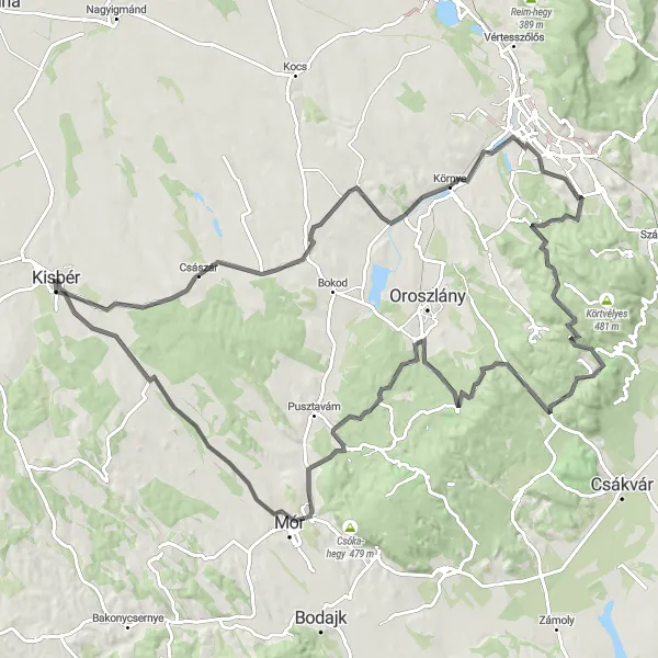 Map miniature of "Kisbér - Császár - Kanász-hegy - Környe - Vitányvár - Széna-hegy - Kőhányáspuszta - Oroszlánkő - Márkus-hegy - Mór - Kisbér" cycling inspiration in Közép-Dunántúl, Hungary. Generated by Tarmacs.app cycling route planner
