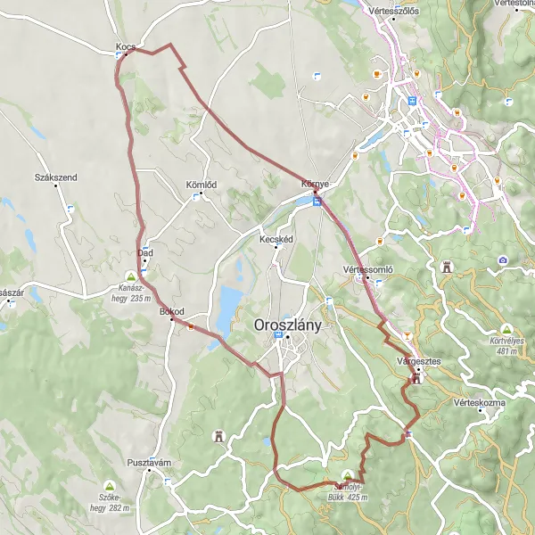 Map miniature of "Kocs Gravel Loop" cycling inspiration in Közép-Dunántúl, Hungary. Generated by Tarmacs.app cycling route planner