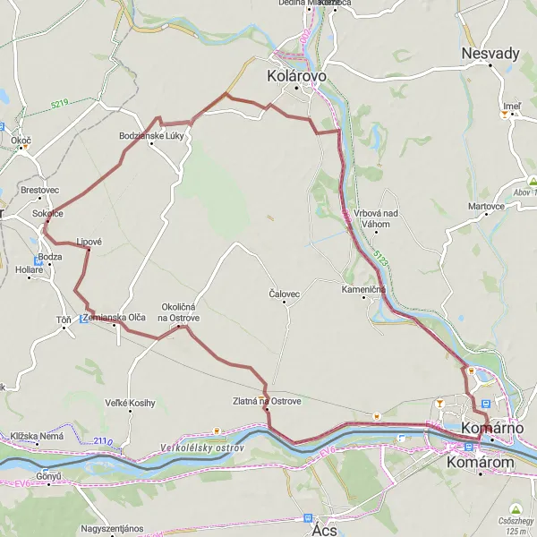 Map miniature of "Gravel ride through Komárom's countryside" cycling inspiration in Közép-Dunántúl, Hungary. Generated by Tarmacs.app cycling route planner