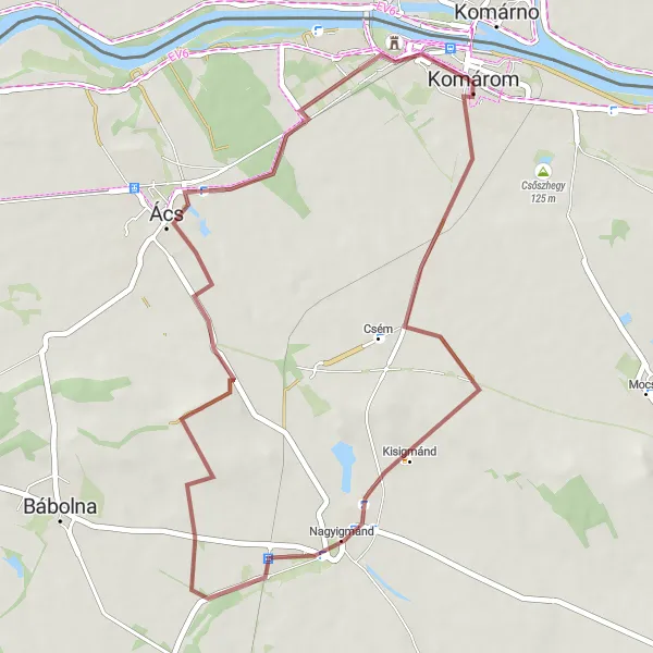 Map miniature of "Scenic gravel loop around Csém" cycling inspiration in Közép-Dunántúl, Hungary. Generated by Tarmacs.app cycling route planner