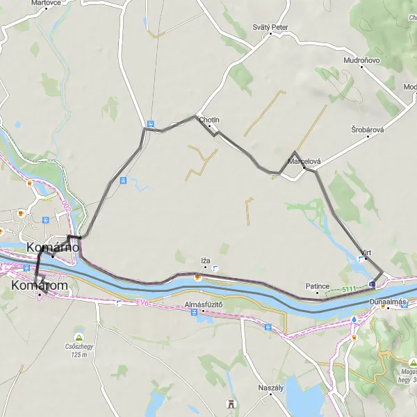 Map miniature of "Komárom-Marcelová Loop" cycling inspiration in Közép-Dunántúl, Hungary. Generated by Tarmacs.app cycling route planner