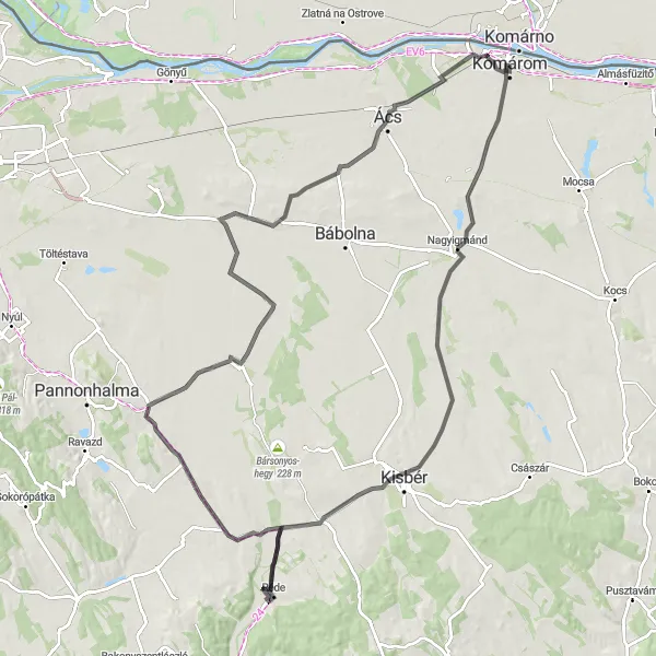 Map miniature of "Csém to Fort Monostor Komárom" cycling inspiration in Közép-Dunántúl, Hungary. Generated by Tarmacs.app cycling route planner