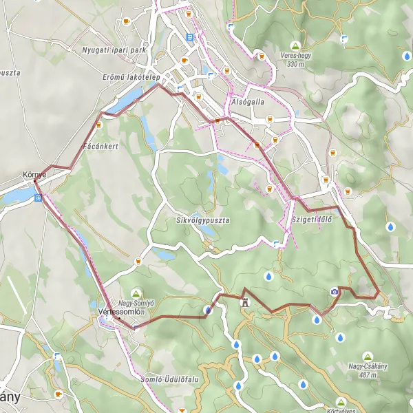 Map miniature of "Bánhida to Vértessomló Gravel Loop" cycling inspiration in Közép-Dunántúl, Hungary. Generated by Tarmacs.app cycling route planner