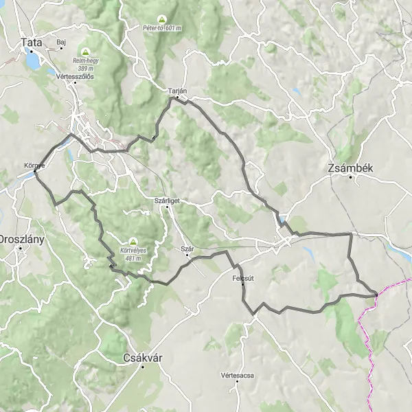 Map miniature of "Etyek Wine Trail" cycling inspiration in Közép-Dunántúl, Hungary. Generated by Tarmacs.app cycling route planner