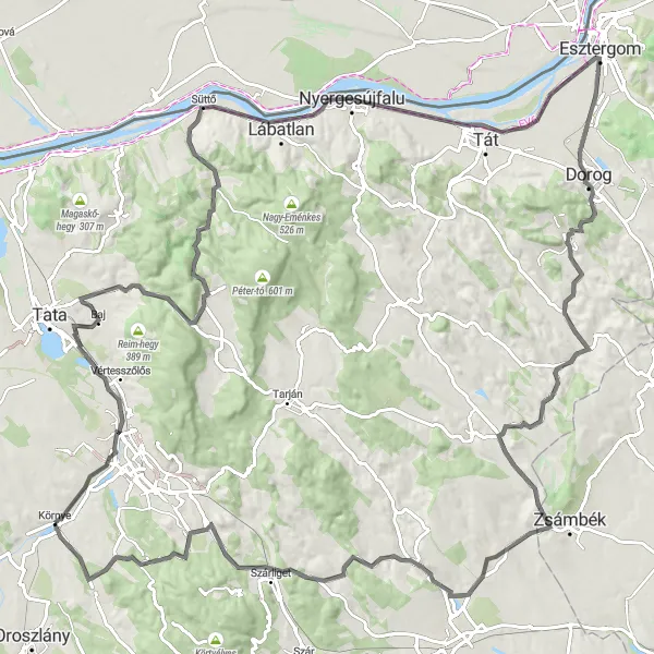 Map miniature of "The Gems of Esztergom" cycling inspiration in Közép-Dunántúl, Hungary. Generated by Tarmacs.app cycling route planner