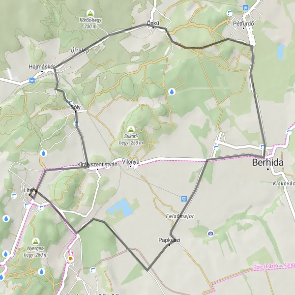 Map miniature of "Scenic Ride to Papkeszi" cycling inspiration in Közép-Dunántúl, Hungary. Generated by Tarmacs.app cycling route planner