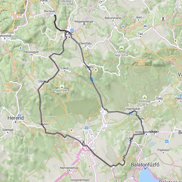 Map miniature of "Litér - Csabdi Loop" cycling inspiration in Közép-Dunántúl, Hungary. Generated by Tarmacs.app cycling route planner