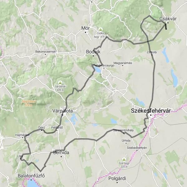 Map miniature of "The Long and Challenging Loop" cycling inspiration in Közép-Dunántúl, Hungary. Generated by Tarmacs.app cycling route planner