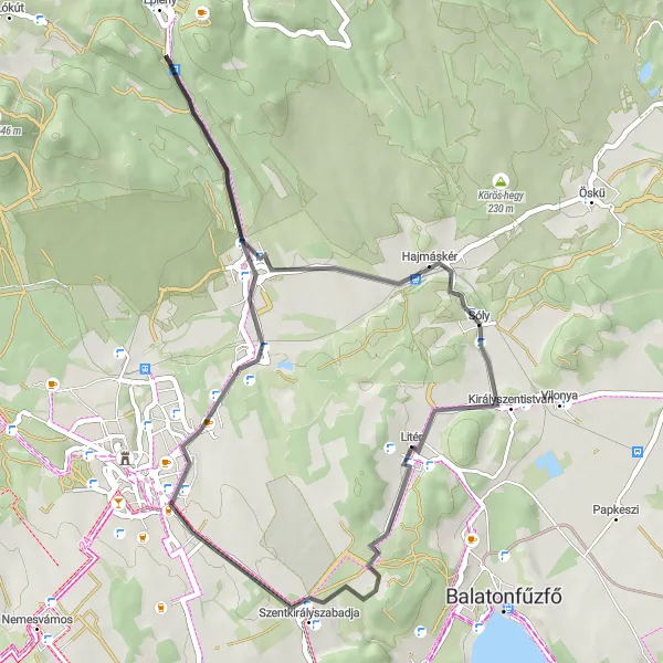 Map miniature of "Litér to Megye-hegy Loop" cycling inspiration in Közép-Dunántúl, Hungary. Generated by Tarmacs.app cycling route planner