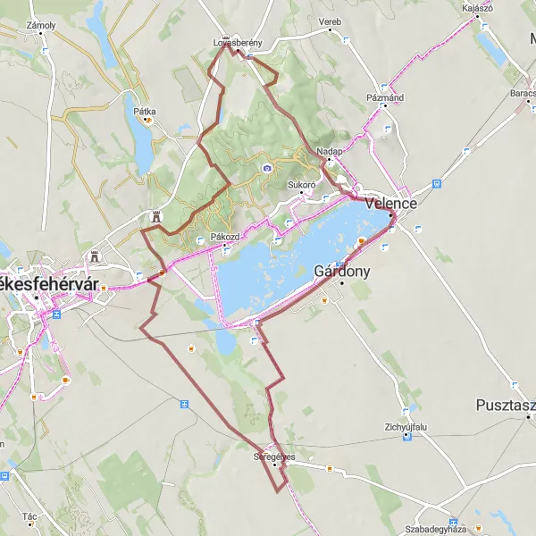Map miniature of "Gravel Route: Bence-hegy - Velence - Agárd - Seregélyes - Tompos-hegy - Lovasberény" cycling inspiration in Közép-Dunántúl, Hungary. Generated by Tarmacs.app cycling route planner
