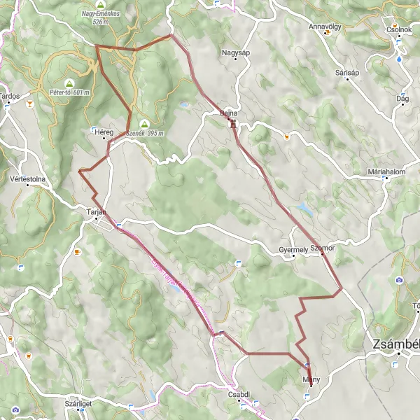 Map miniature of "Mány Gravel Adventure" cycling inspiration in Közép-Dunántúl, Hungary. Generated by Tarmacs.app cycling route planner