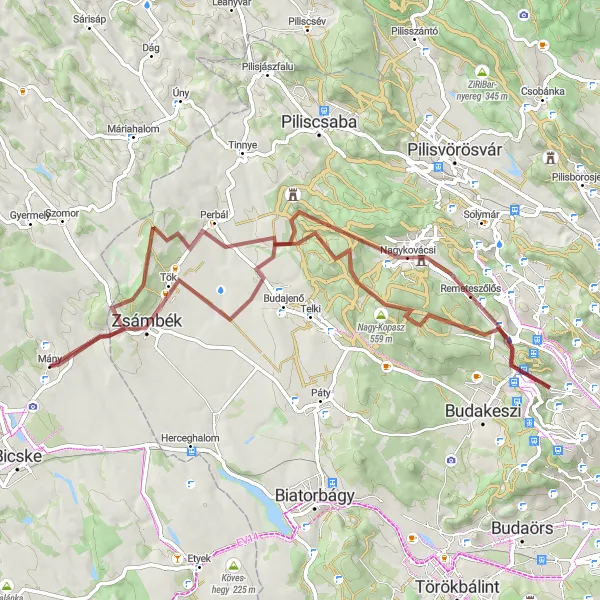 Map miniature of "Round-Trip Cycling Route: Picturesque Countryside Delights" cycling inspiration in Közép-Dunántúl, Hungary. Generated by Tarmacs.app cycling route planner