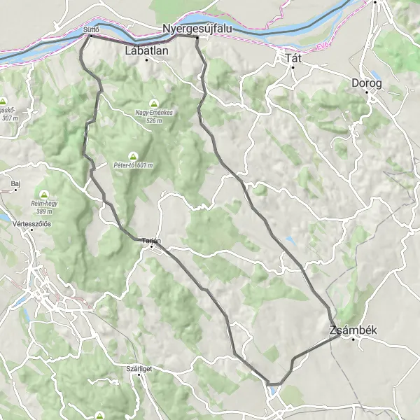 Map miniature of "Mány Road Adventure" cycling inspiration in Közép-Dunántúl, Hungary. Generated by Tarmacs.app cycling route planner