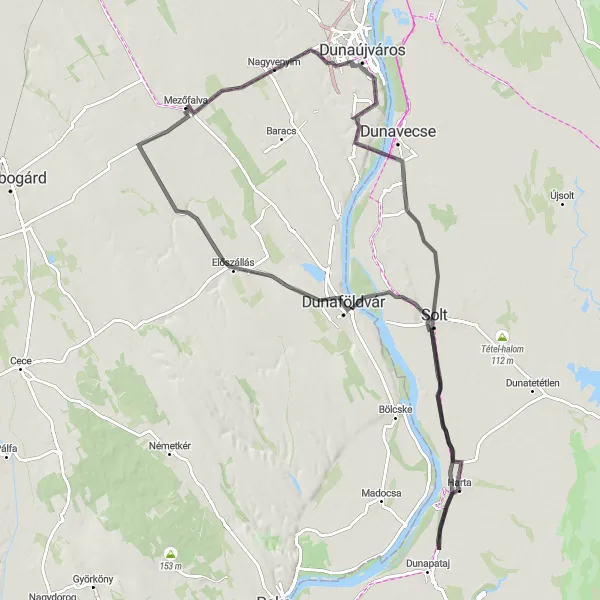 Map miniature of "Mezőfalva Road Loop" cycling inspiration in Közép-Dunántúl, Hungary. Generated by Tarmacs.app cycling route planner