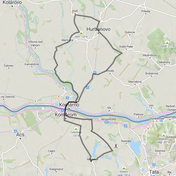 Map miniature of "Mocsa to Komárom" cycling inspiration in Közép-Dunántúl, Hungary. Generated by Tarmacs.app cycling route planner