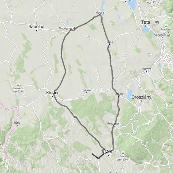 Map miniature of "Mocsa to Mór Loop" cycling inspiration in Közép-Dunántúl, Hungary. Generated by Tarmacs.app cycling route planner