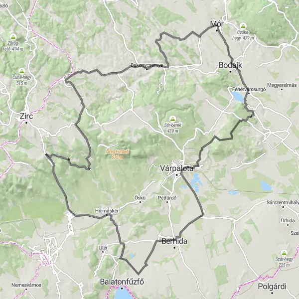 Map miniature of "Bakony Mountain Adventure" cycling inspiration in Közép-Dunántúl, Hungary. Generated by Tarmacs.app cycling route planner