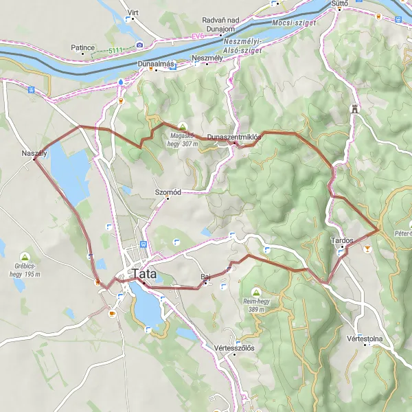 Map miniature of "Naszály - Distinctive Gravelling Adventure" cycling inspiration in Közép-Dunántúl, Hungary. Generated by Tarmacs.app cycling route planner