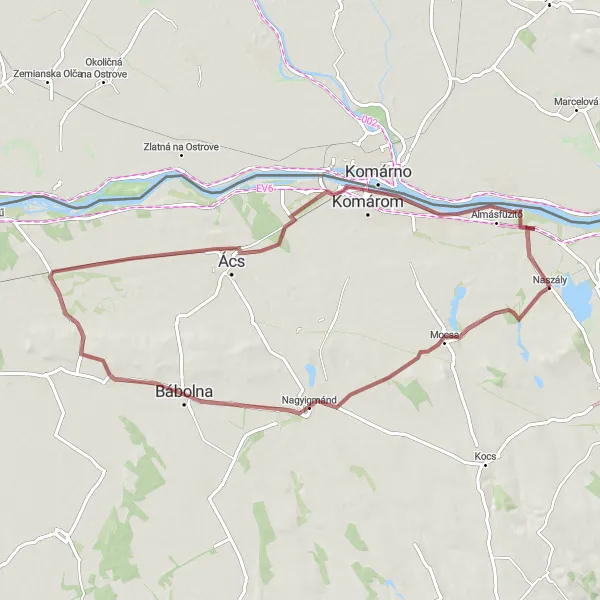 Map miniature of "Mocsa - Discovering Rural Beauty" cycling inspiration in Közép-Dunántúl, Hungary. Generated by Tarmacs.app cycling route planner