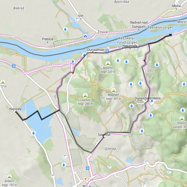 Map miniature of "Dunaalmás Loop" cycling inspiration in Közép-Dunántúl, Hungary. Generated by Tarmacs.app cycling route planner