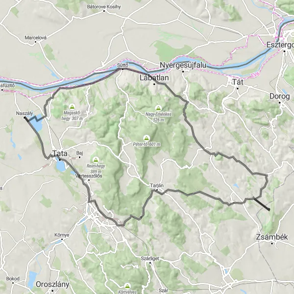 Map miniature of "Exploring the Hills of Süttő" cycling inspiration in Közép-Dunántúl, Hungary. Generated by Tarmacs.app cycling route planner