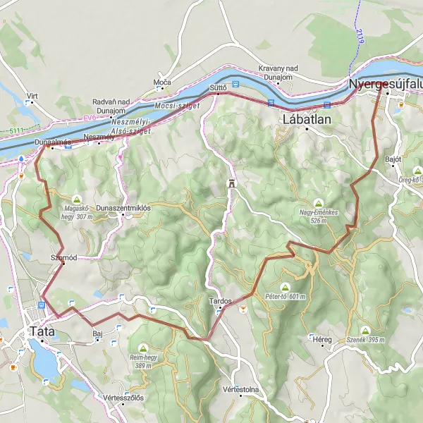 Map miniature of "Gerecse Gravel Ride" cycling inspiration in Közép-Dunántúl, Hungary. Generated by Tarmacs.app cycling route planner