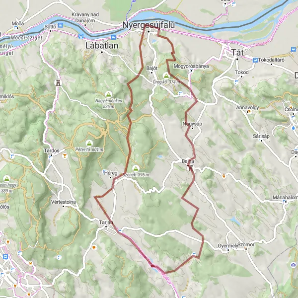 Map miniature of "Bajna Gravel Loop" cycling inspiration in Közép-Dunántúl, Hungary. Generated by Tarmacs.app cycling route planner