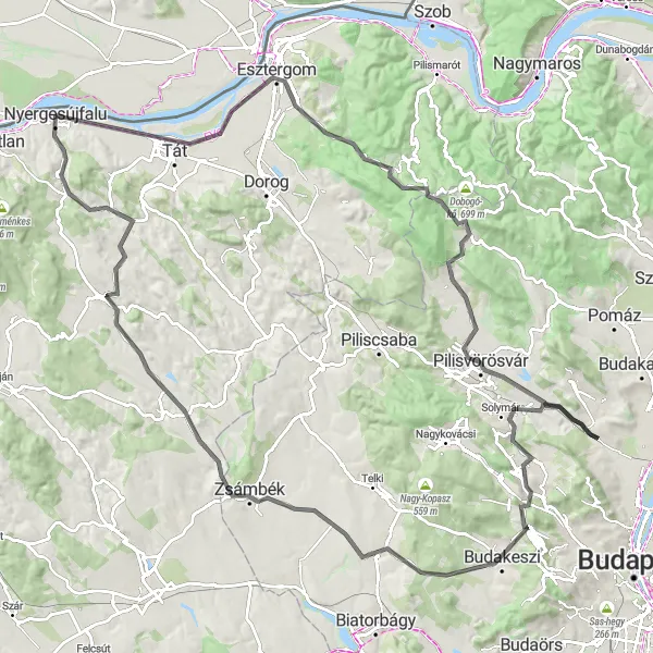 Map miniature of "Danube Loop Road Ride" cycling inspiration in Közép-Dunántúl, Hungary. Generated by Tarmacs.app cycling route planner