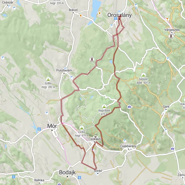 Map miniature of "Enchanting Csókakő Gravel Loop" cycling inspiration in Közép-Dunántúl, Hungary. Generated by Tarmacs.app cycling route planner