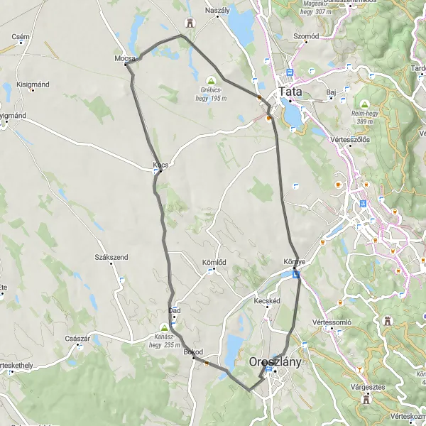 Map miniature of "Picturesque Oroszlány Road Circuit" cycling inspiration in Közép-Dunántúl, Hungary. Generated by Tarmacs.app cycling route planner