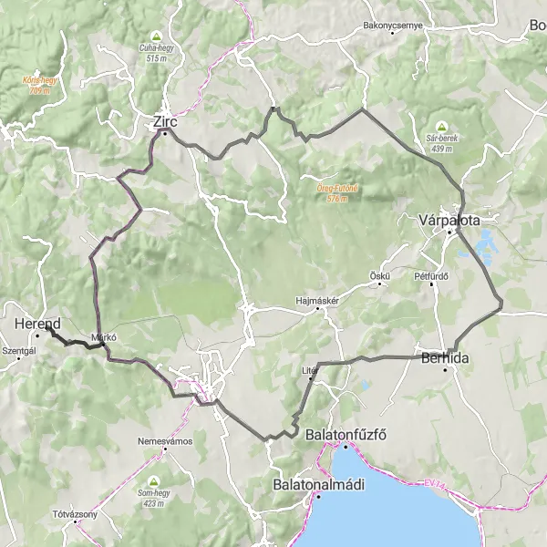 Map miniature of "Around Közép-Dunántúl" cycling inspiration in Közép-Dunántúl, Hungary. Generated by Tarmacs.app cycling route planner