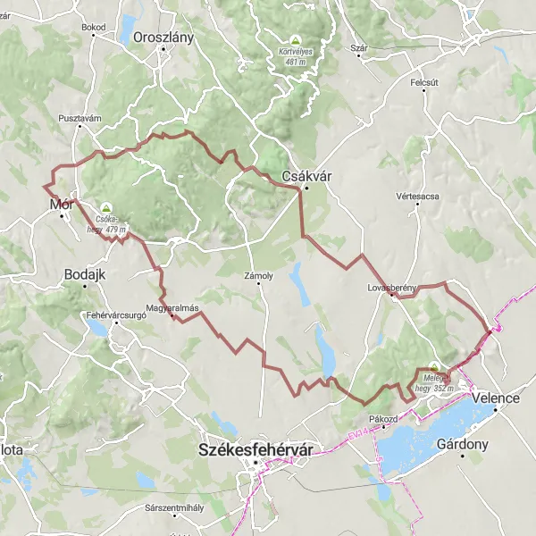 Map miniature of "Vértesboglár and Mór Gravel Adventure" cycling inspiration in Közép-Dunántúl, Hungary. Generated by Tarmacs.app cycling route planner