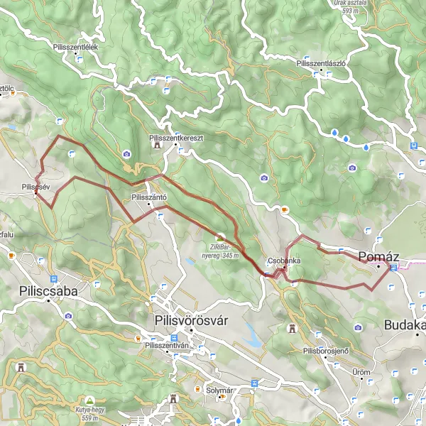 Map miniature of "Scenic Gravel Loop around Piliscsév" cycling inspiration in Közép-Dunántúl, Hungary. Generated by Tarmacs.app cycling route planner